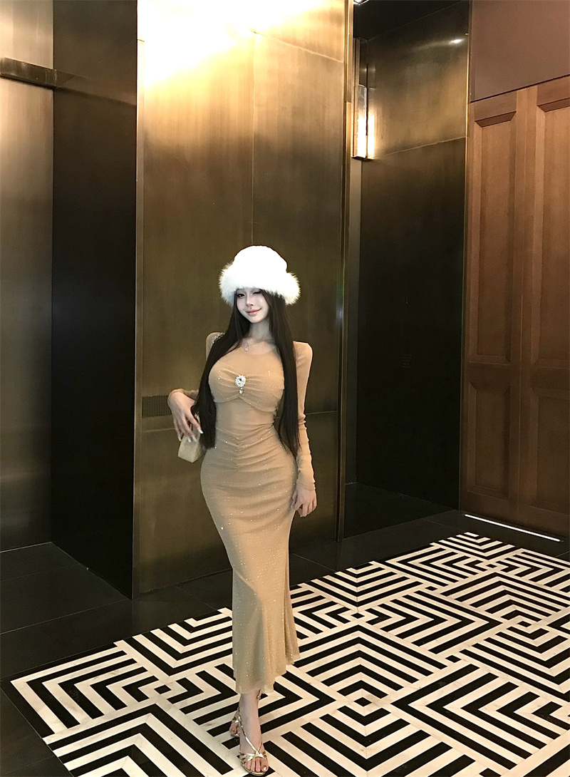 Autumn Slim Fit Mesh Cutout Round Neck Rhinestone Bodycon Dress - Image 2