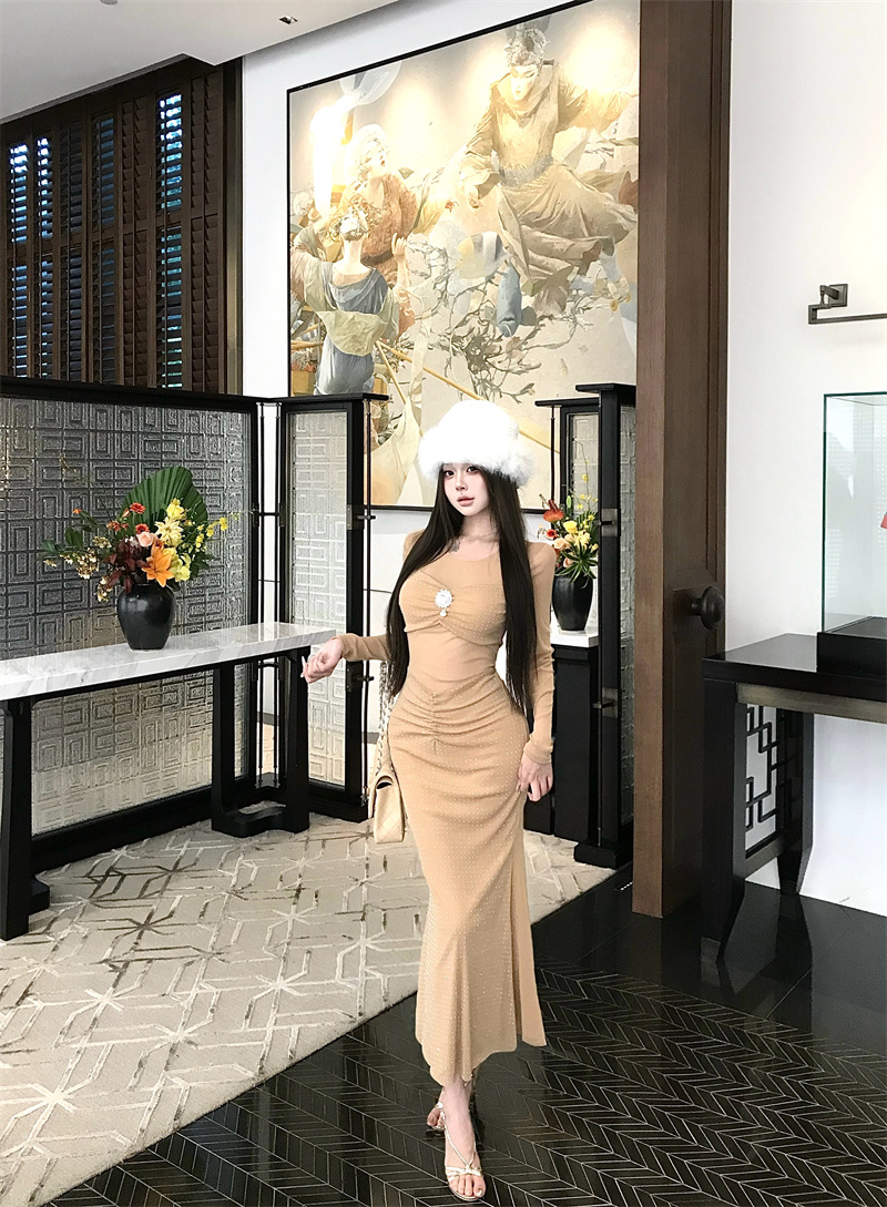 Autumn Slim Fit Mesh Cutout Round Neck Rhinestone Bodycon Dress - Image 3