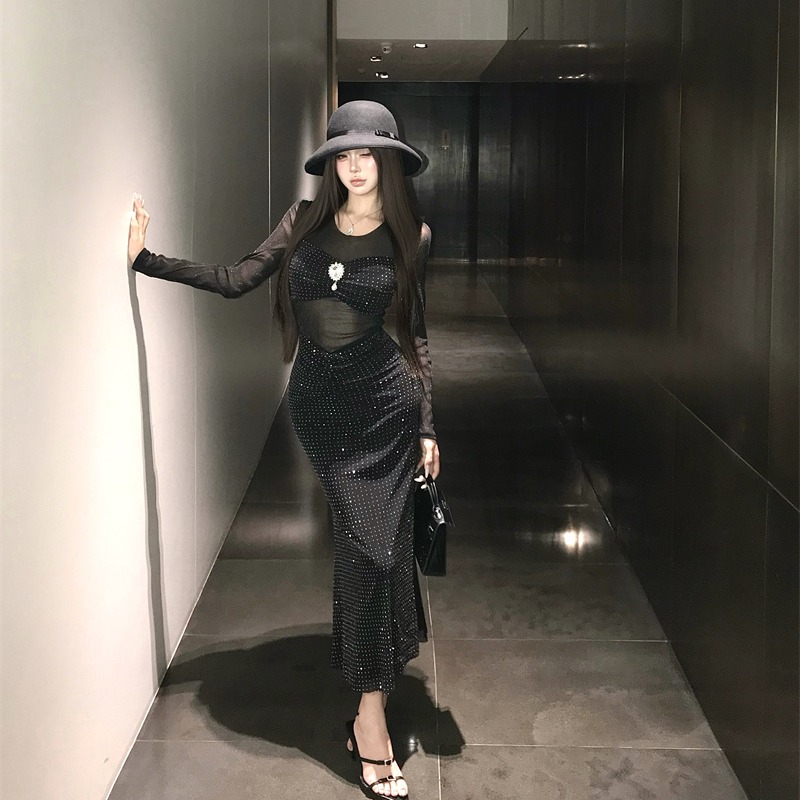 Autumn Slim Fit Mesh Cutout Round Neck Rhinestone Bodycon Dress - Image 5