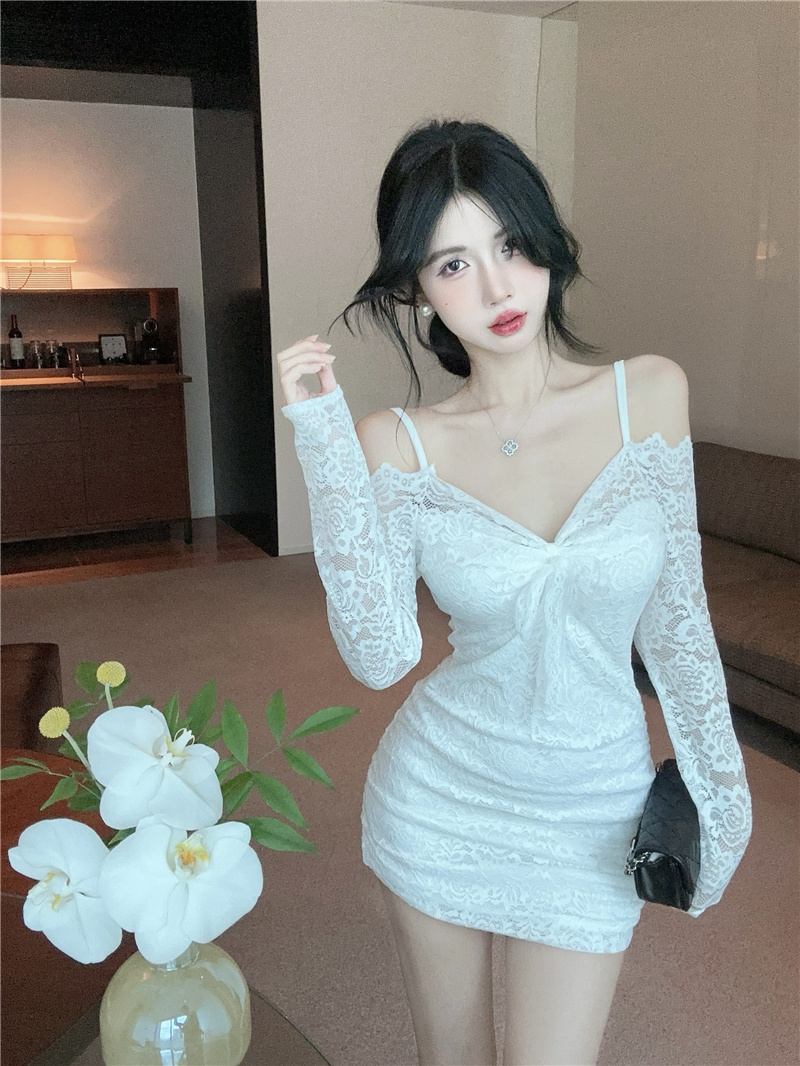 Vintage Off-Shoulder Lace Bodycon Dress 2025 Autumn Slim Fit - Image 3
