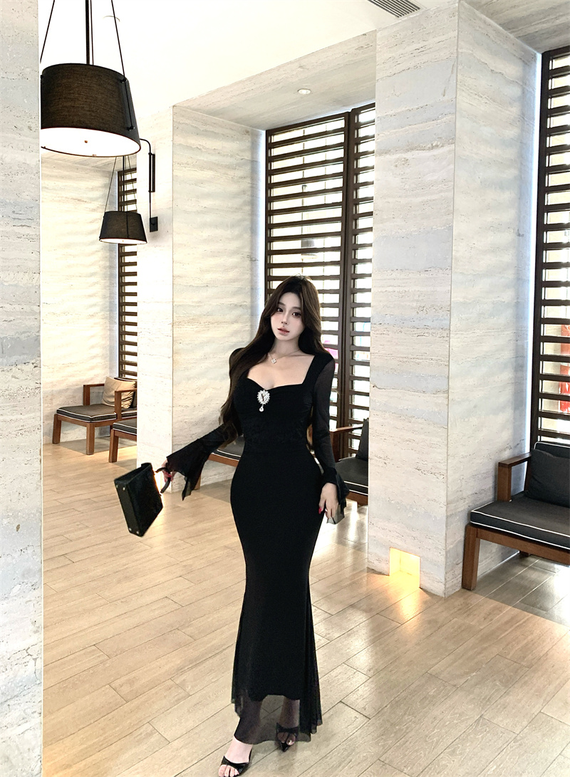 2025 Autumn French Style Patchwork Pleated Flared Sleeve Bodycon Mermaid Dress - Image 3