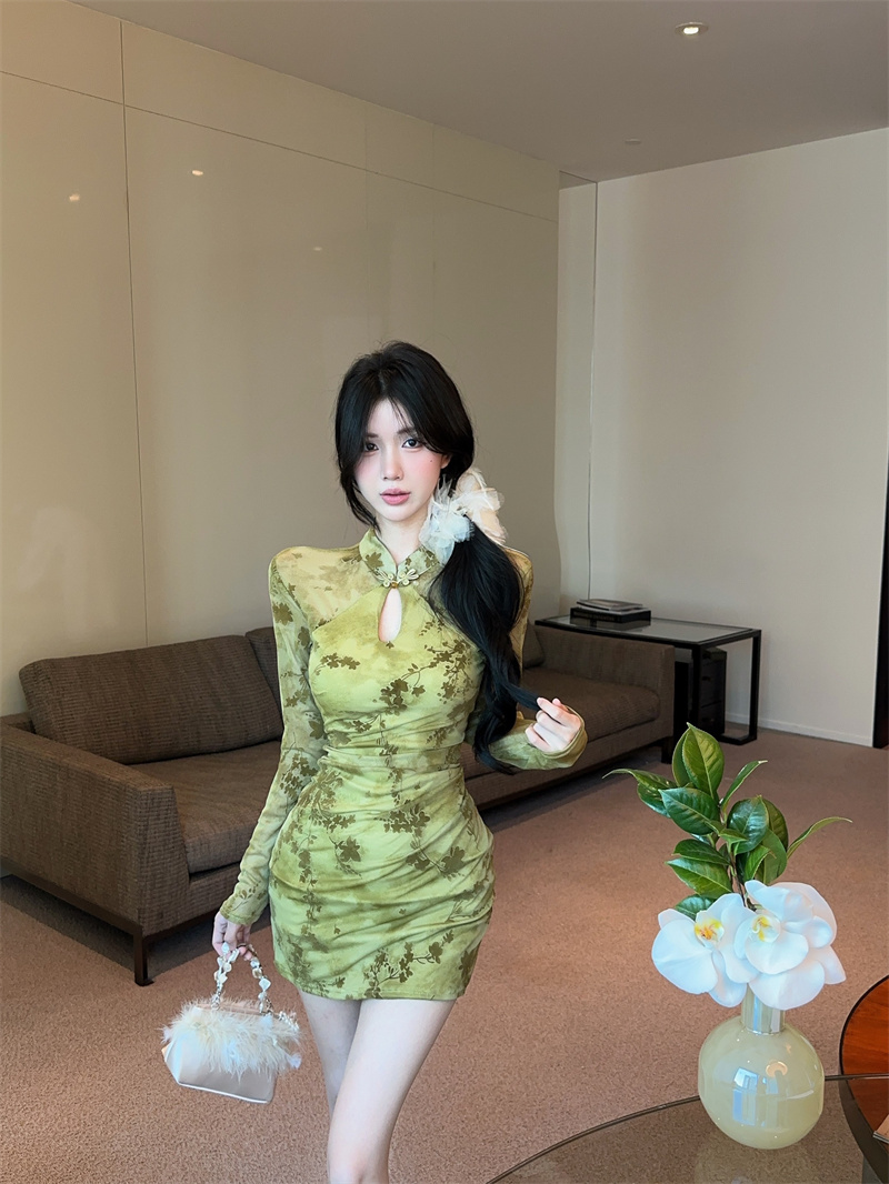New Chinese Style Qipao Bodycon Dress Long Sleeve Mesh