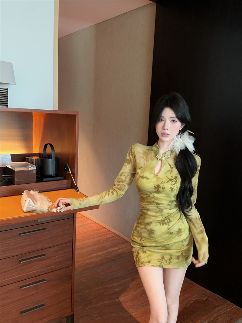 New Chinese Style Qipao Bodycon Dress Long Sleeve Mesh - Image 2