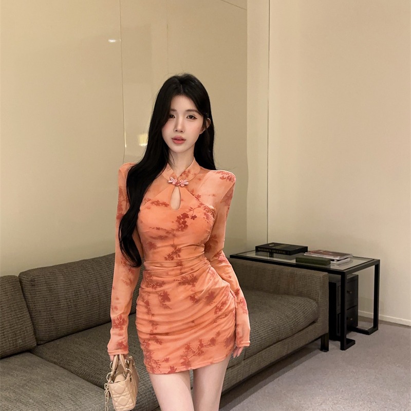 New Chinese Style Qipao Bodycon Dress Long Sleeve Mesh - Image 5
