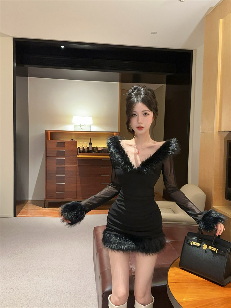 Black Sheer Mesh Bodycon Mini Dress with Faux Fur Collar - Style ac8a89 - Image 2