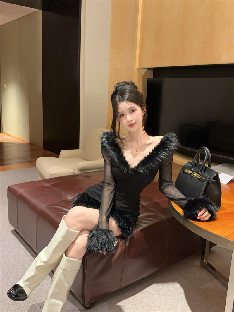 Black Sheer Mesh Bodycon Mini Dress with Faux Fur Collar - Style ac8a89