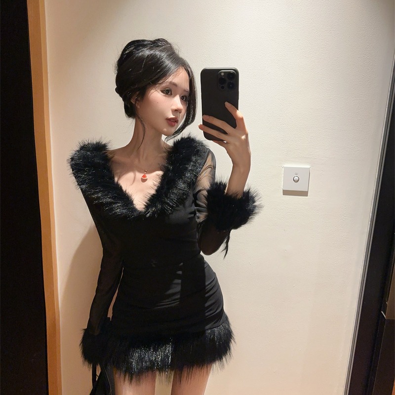 Black Sheer Mesh Bodycon Mini Dress with Faux Fur Collar - Style ac8a89 - Image 5
