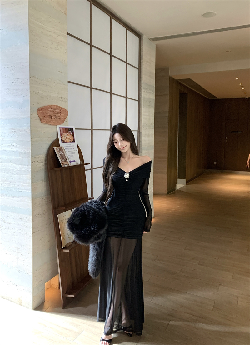 Off-Shoulder Bodycon Mermaid Dress Women 2026 Spring Long Sleeve Mesh - Image 2