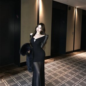 Off-Shoulder Bodycon Mermaid Dress Women 2026 Spring Long Sleeve Mesh