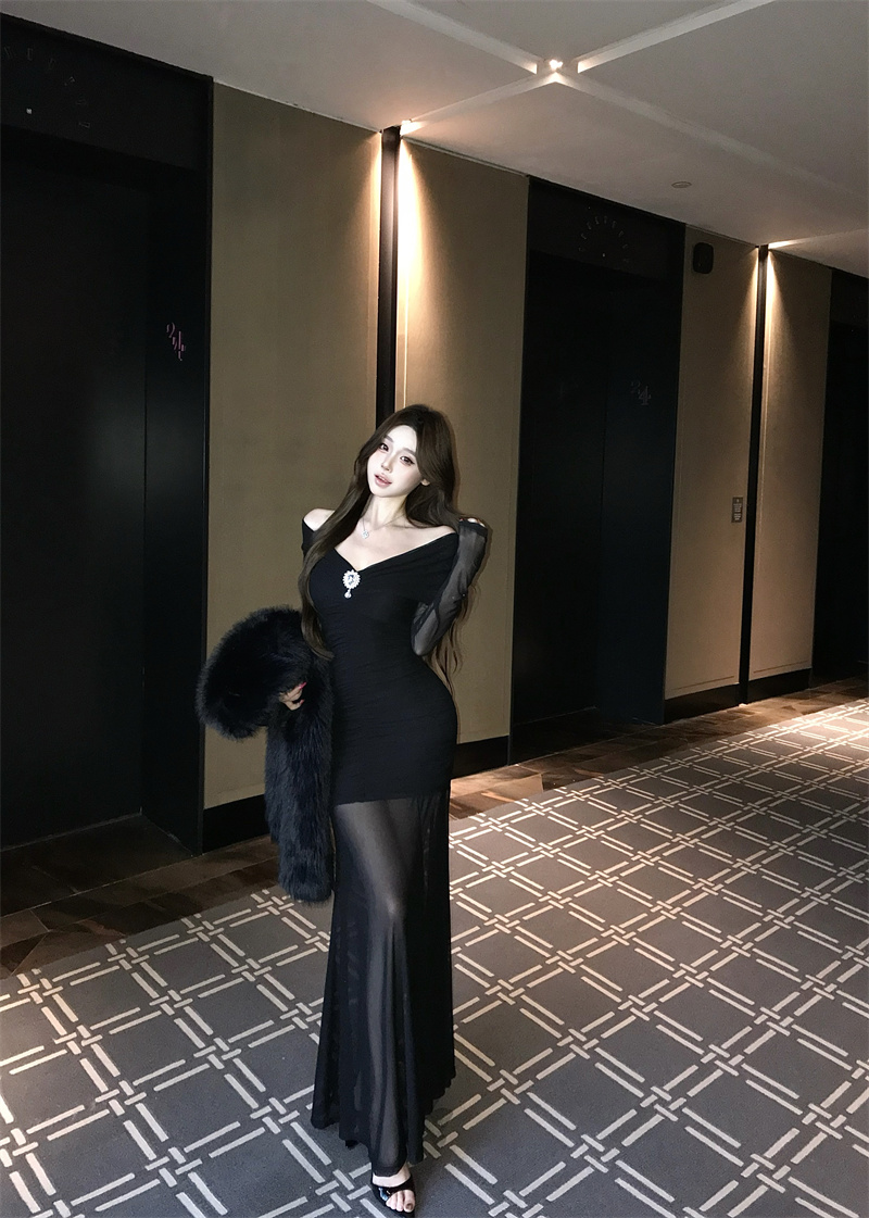 Off-Shoulder Bodycon Mermaid Dress Women 2026 Spring Long Sleeve Mesh