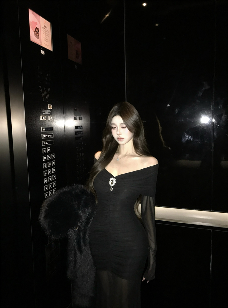 Off-Shoulder Bodycon Mermaid Dress Women 2026 Spring Long Sleeve Mesh - Image 4