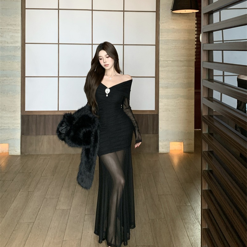 Off-Shoulder Bodycon Mermaid Dress Women 2026 Spring Long Sleeve Mesh - Image 5