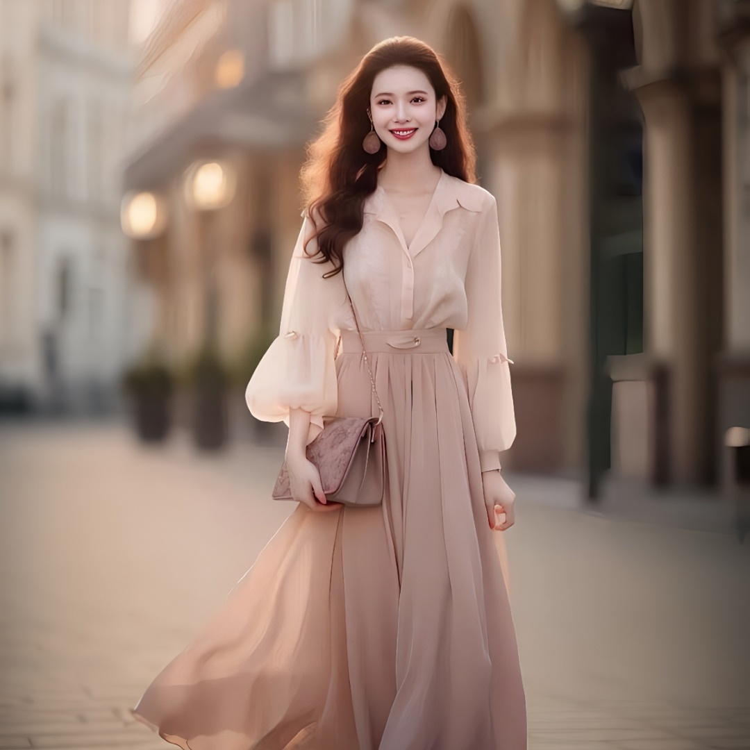 2026 Spring Summer Pink Two-Piece Shirt and Long Skirt Set - Image 5
