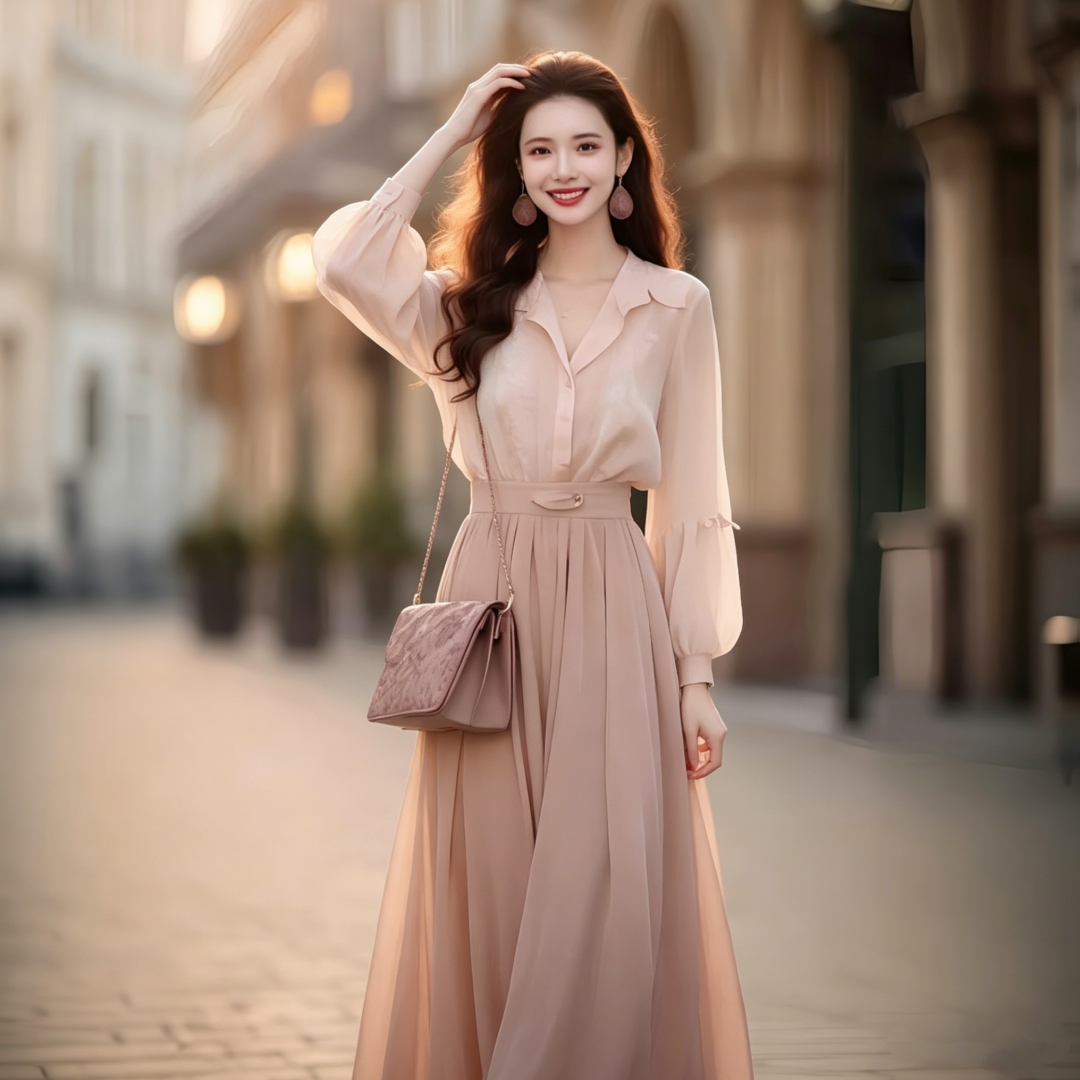 2026 Spring Summer Pink Two-Piece Shirt and Long Skirt Set
