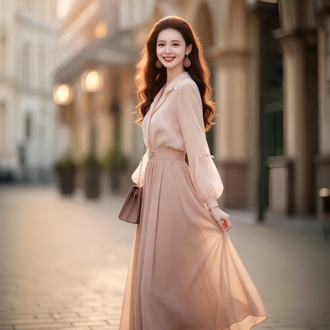 2026 Spring Summer Pink Two-Piece Shirt and Long Skirt Set - Image 4