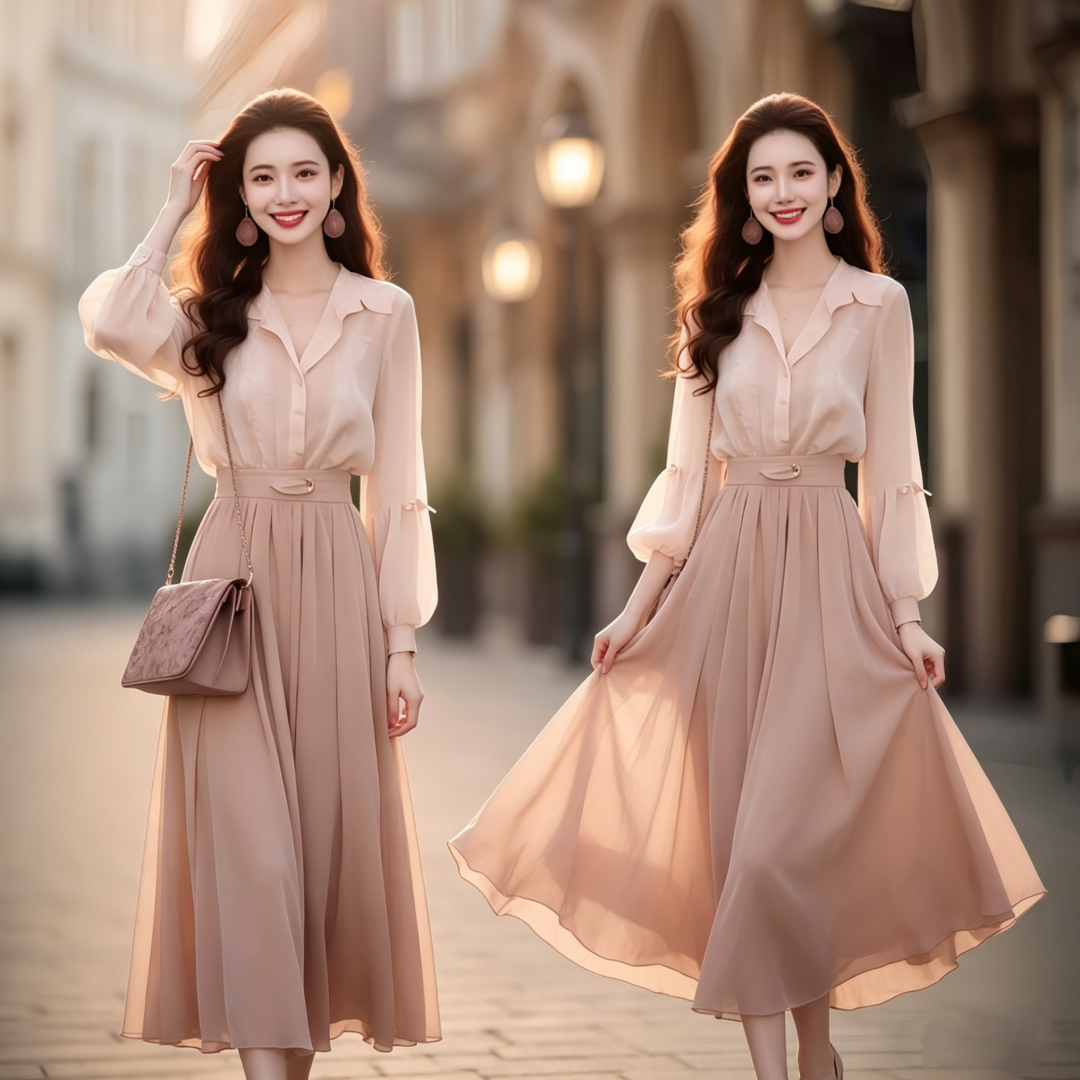 2026 Spring Summer Pink Two-Piece Shirt and Long Skirt Set - Image 2