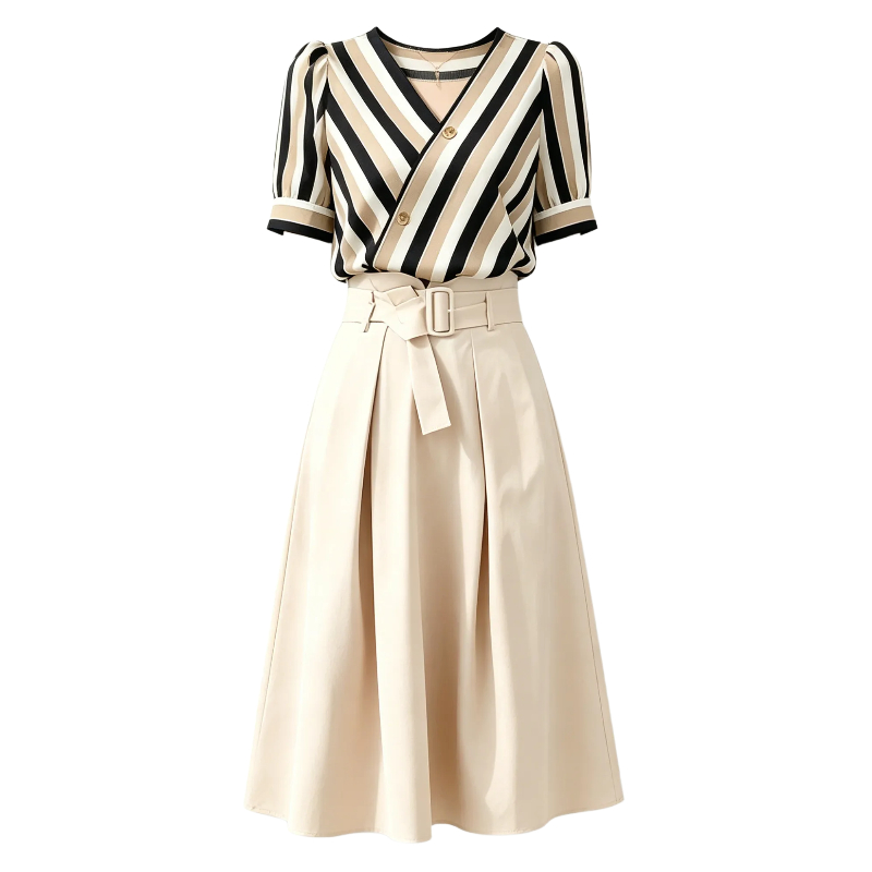 2026 Summer New Striped Two-Piece Set Women Fashion Temperament Suit Skirt Slimming Casual High Waist Tie Skirt Women - Image 5