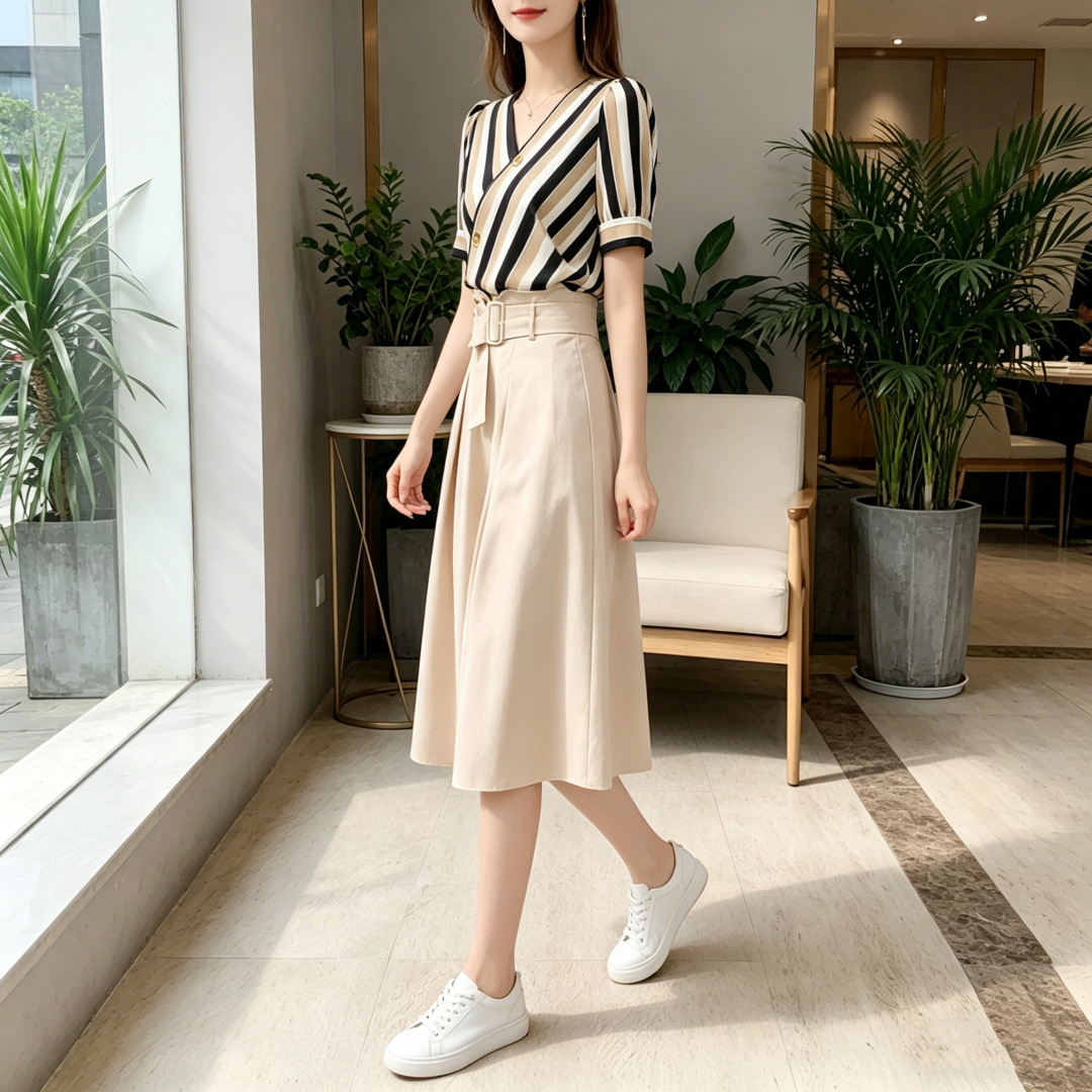 2026 Summer New Striped Two-Piece Set Women Fashion Temperament Suit Skirt Slimming Casual High Waist Tie Skirt Women - Image 2