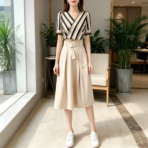 2026 Summer New Striped Two-Piece Set Women Fashion Temperament Suit Skirt Slimming Casual High Waist Tie Skirt Women