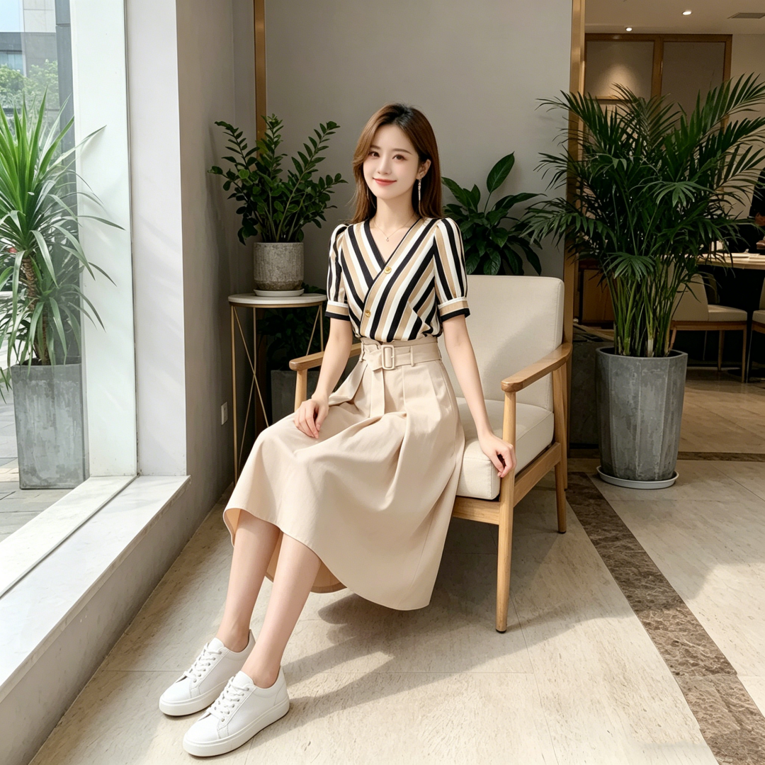 2026 Summer New Striped Two-Piece Set Women Fashion Temperament Suit Skirt Slimming Casual High Waist Tie Skirt Women - Image 3