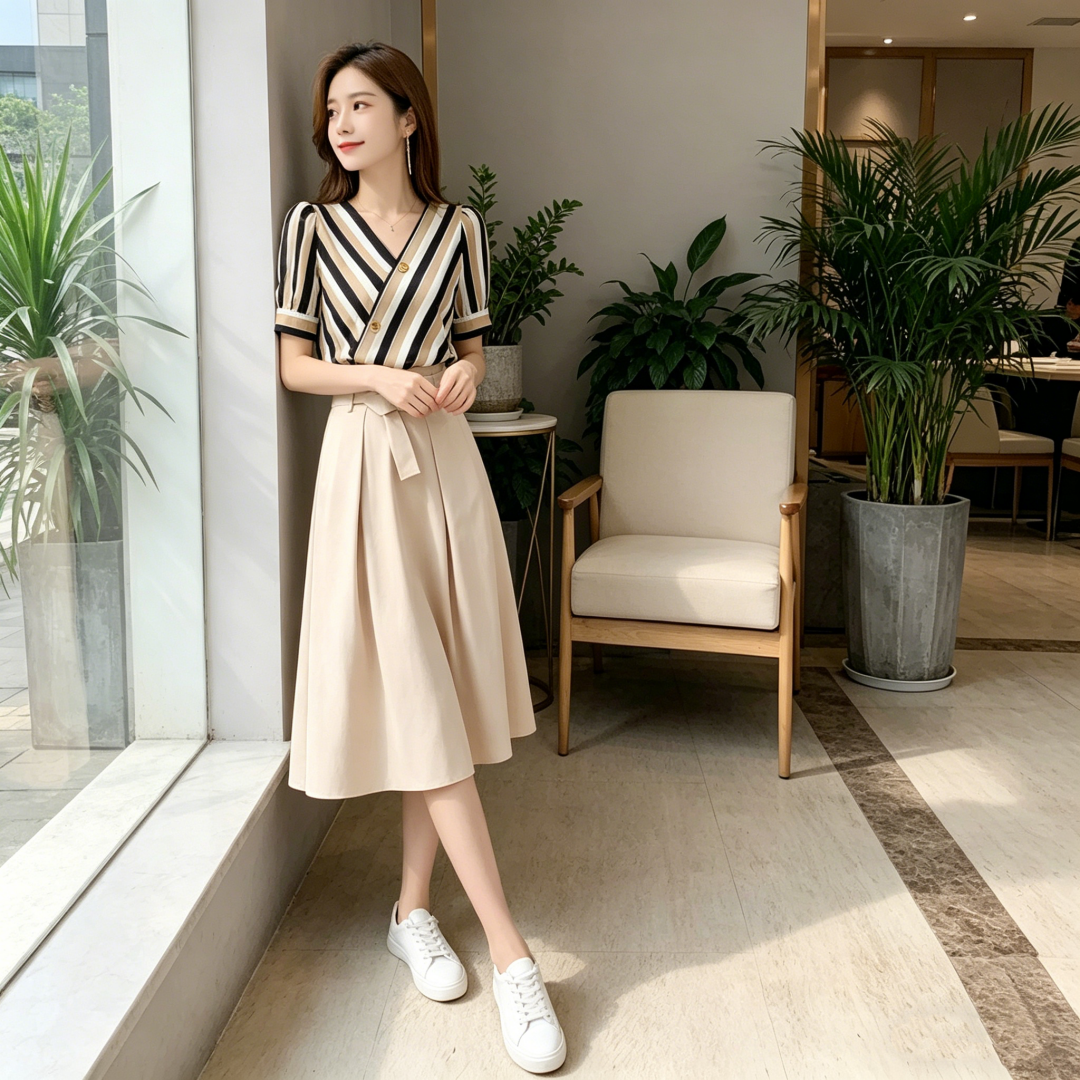 2026 Summer New Striped Two-Piece Set Women Fashion Temperament Suit Skirt Slimming Casual High Waist Tie Skirt Women - Image 4