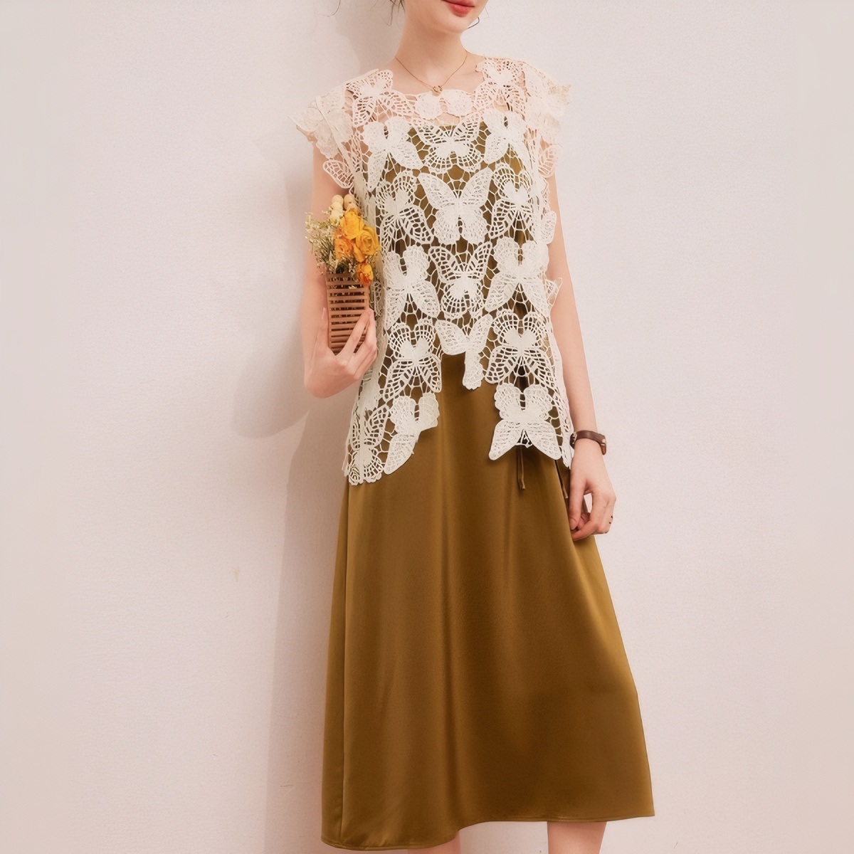 2026 Summer New Fashion Romantic Two-Piece Butterfly Hollow Cami Dress Satin Women Set