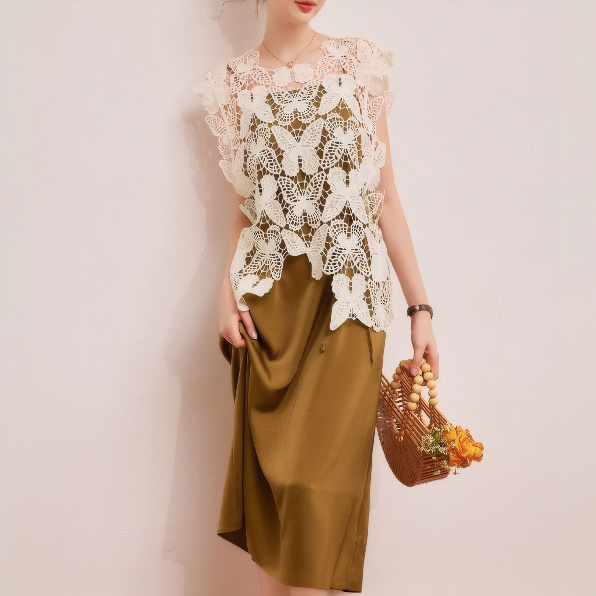 2026 Summer New Fashion Romantic Two-Piece Butterfly Hollow Cami Dress Satin Women Set - Image 3