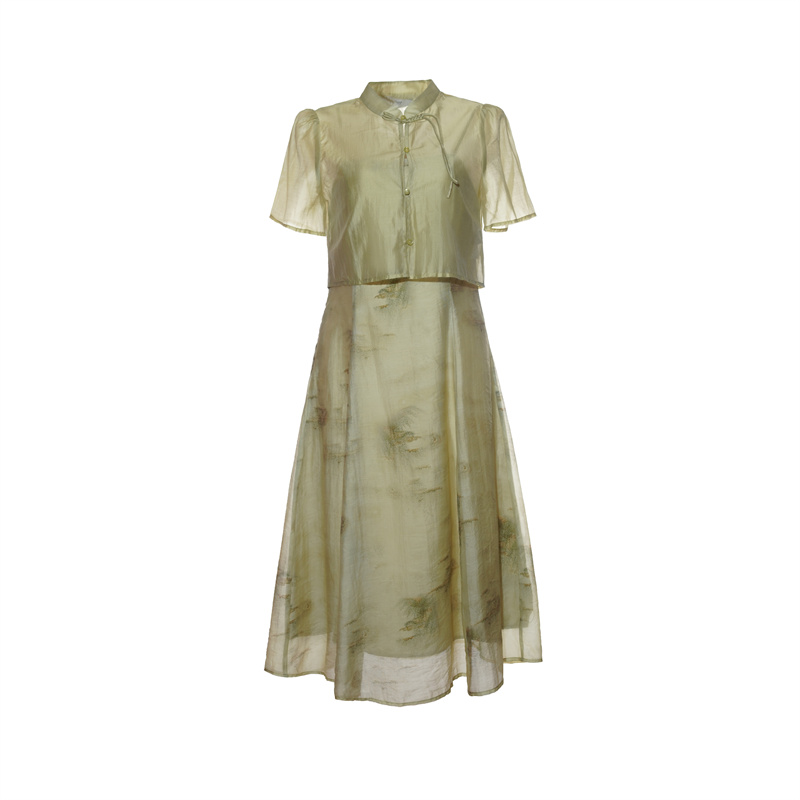 New Chinese Style Green Print Two-Piece Set with Pankou Buttons - Image 5