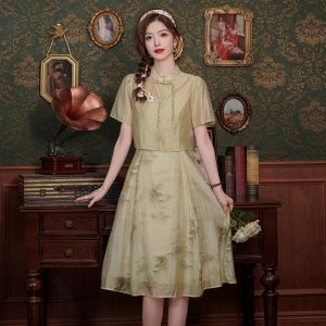 New Chinese Style Green Print Two-Piece Set with Pankou Buttons