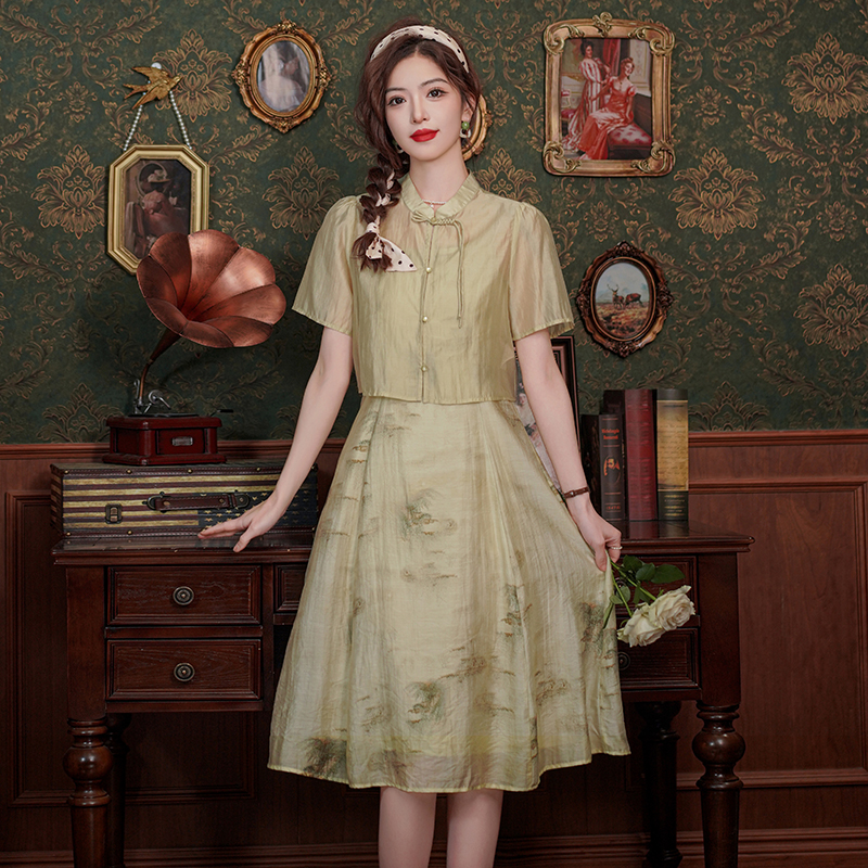 New Chinese Style Green Print Two-Piece Set with Pankou Buttons