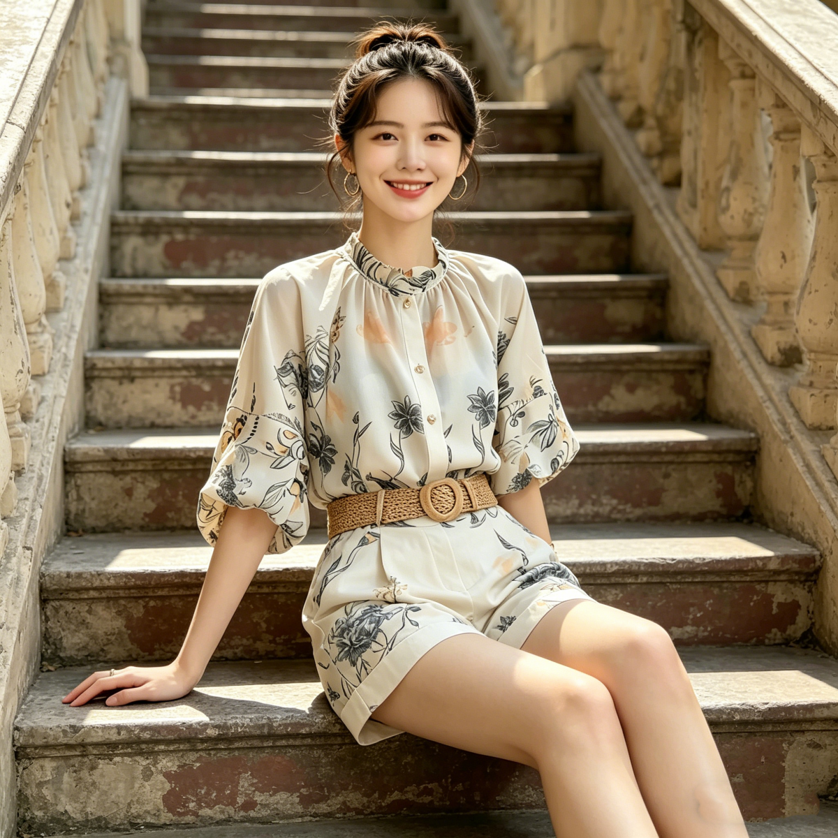 2026 Summer Women's Two-Piece Set with Printed Chiffon Shirt and Shorts - Image 4