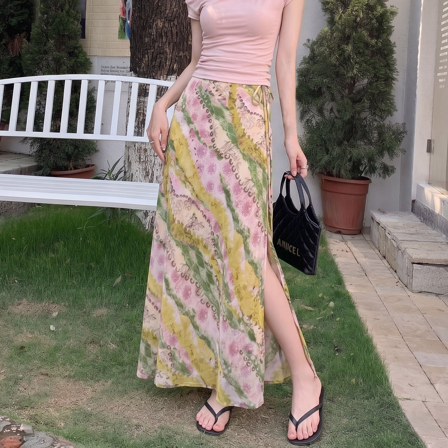 Vintage Lace-Up Printed Midi Skirt Women 2026 Summer New Elastic Waist Slimming Slit Long Skirt - Image 3