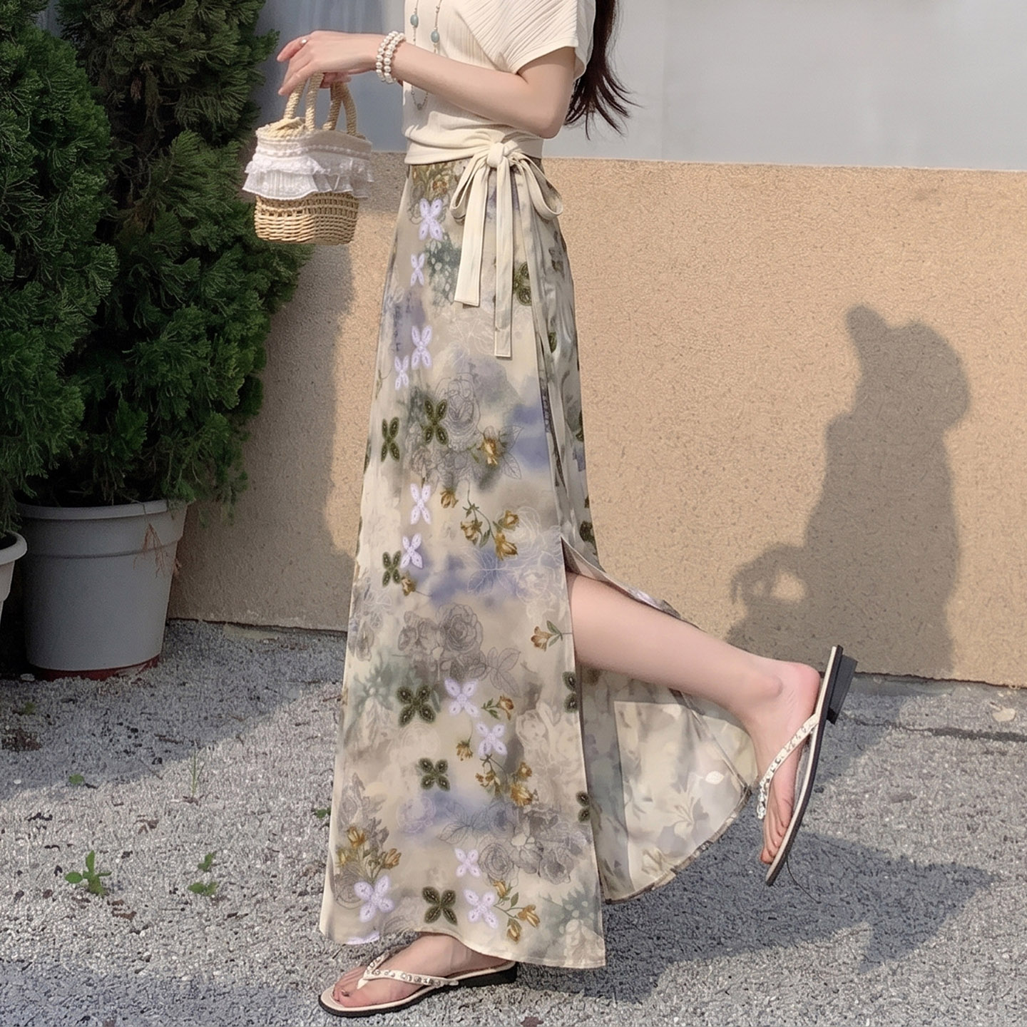 Vintage Lace-Up Printed Midi Skirt Women 2026 Summer New Elastic Waist Slimming Slit Long Skirt - Image 4
