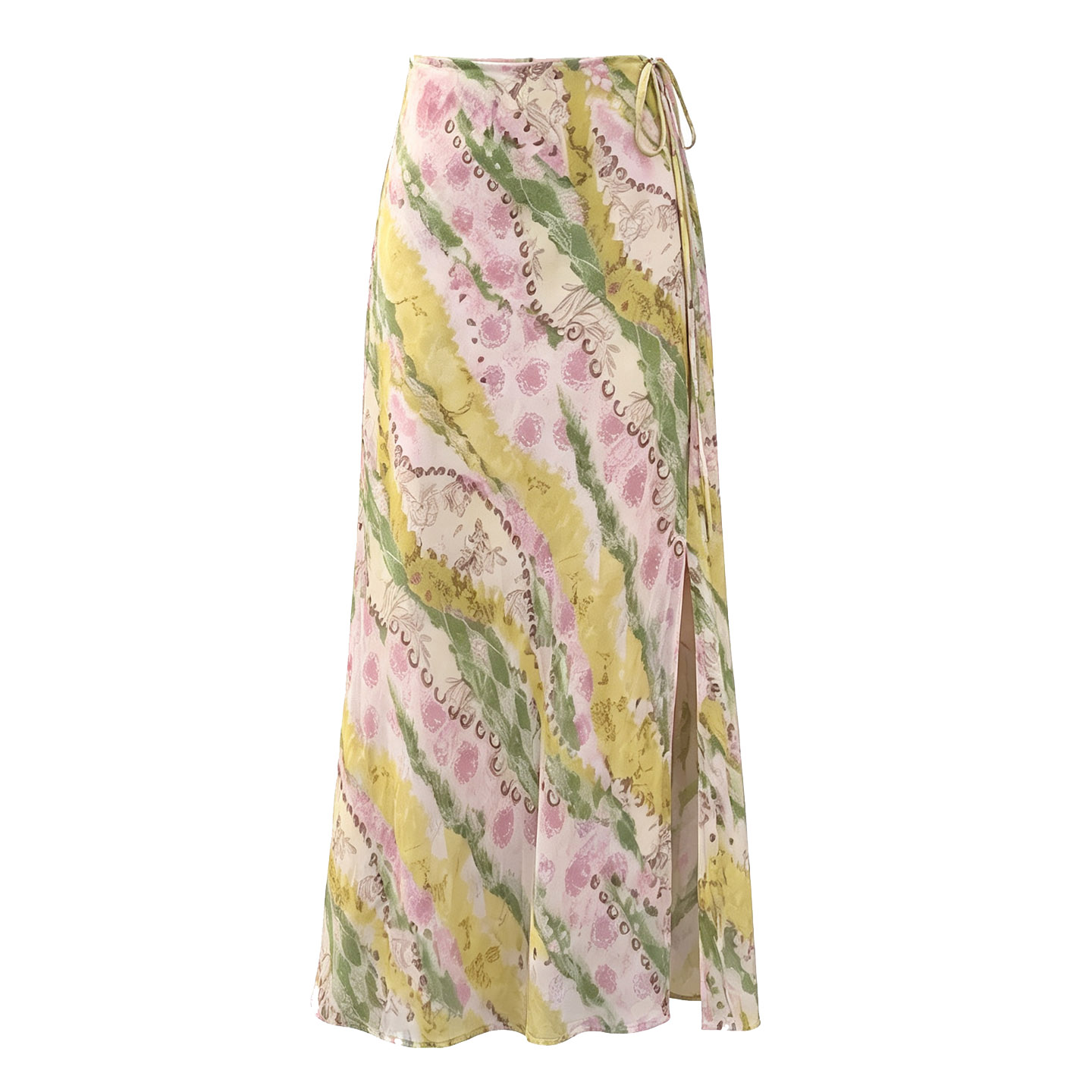Vintage Lace-Up Printed Midi Skirt Women 2026 Summer New Elastic Waist Slimming Slit Long Skirt - Image 5