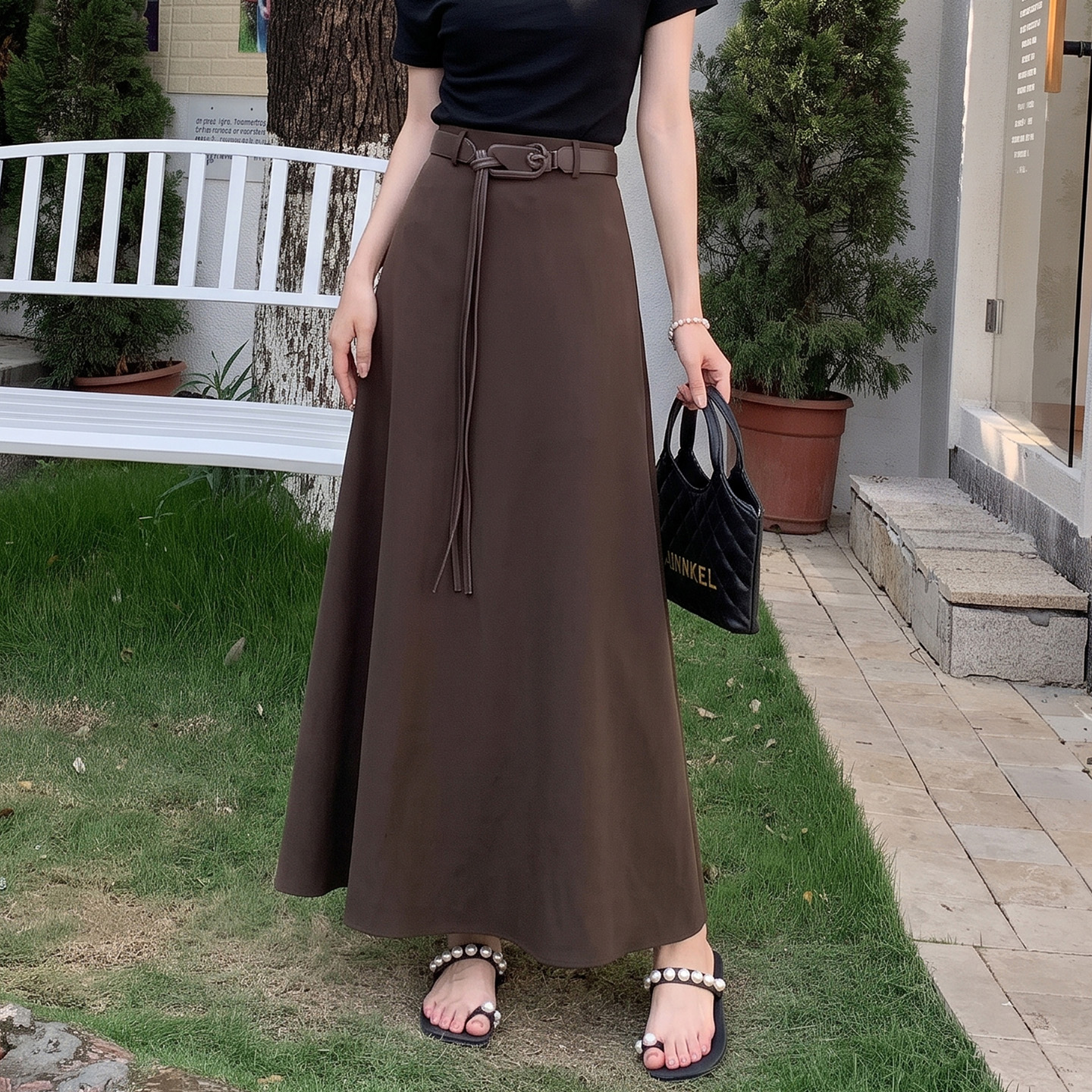 Women's High Waist A-Line Long Skirt in Coffee Brown - Image 3