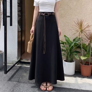 Women's High Waist A-Line Long Skirt in Coffee Brown