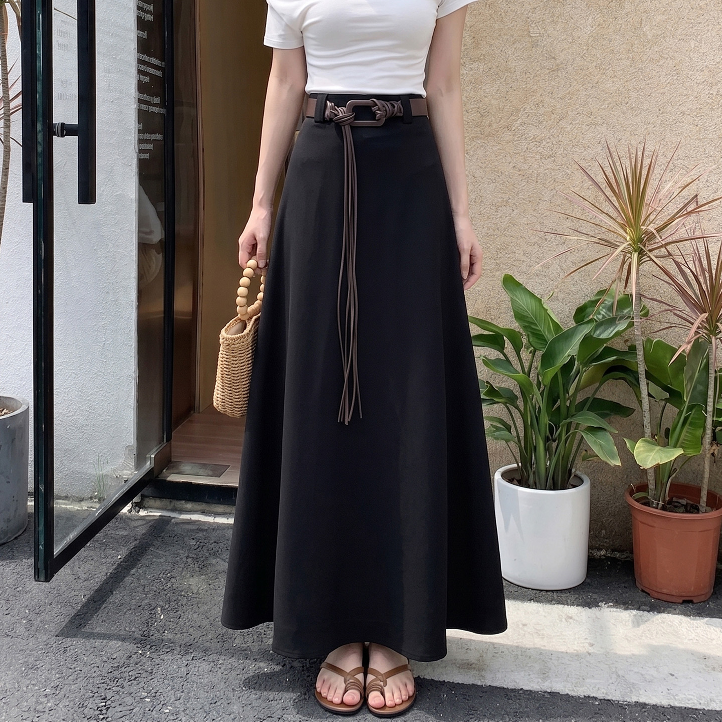 Women's High Waist A-Line Long Skirt in Coffee Brown