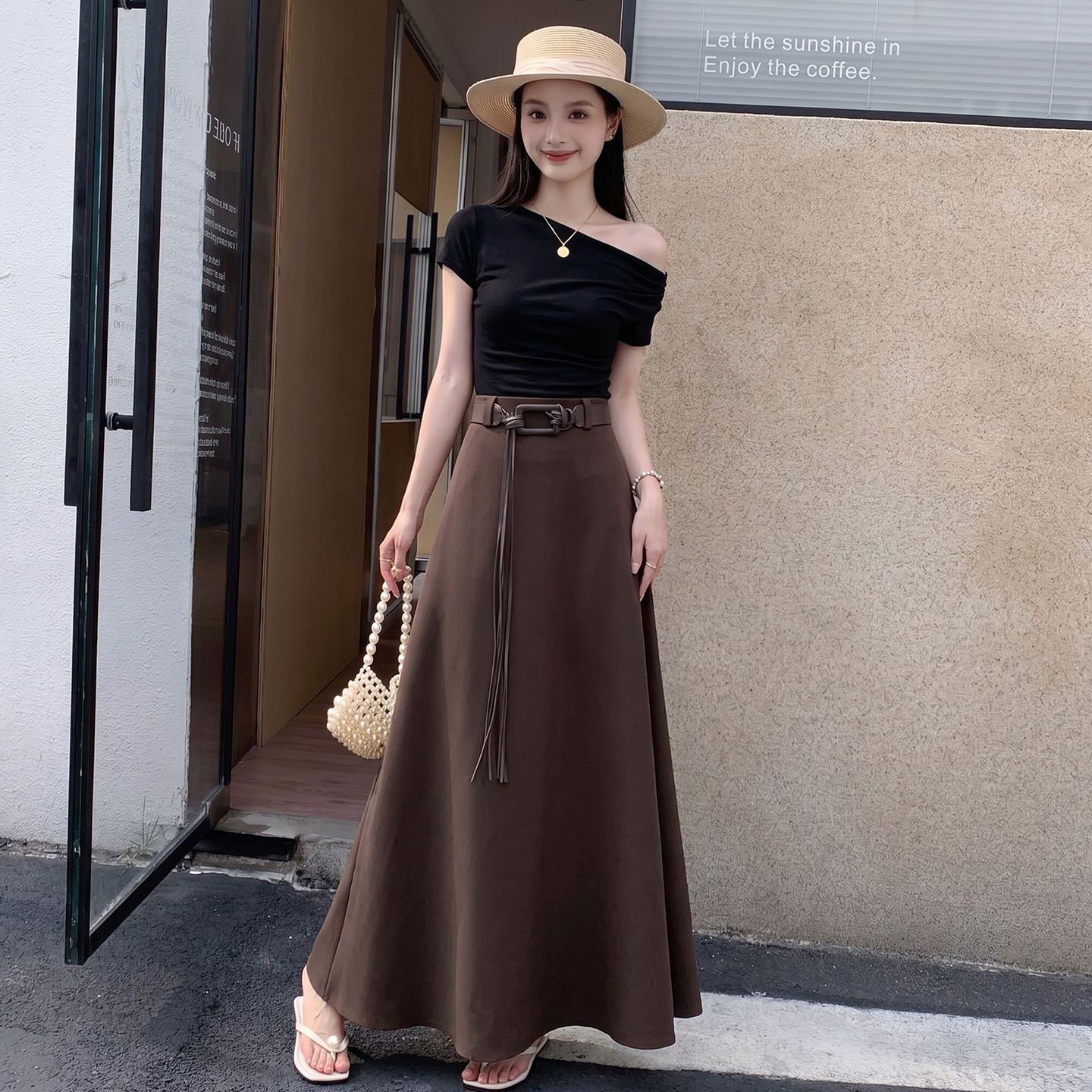 Women's High Waist A-Line Long Skirt in Coffee Brown - Image 4