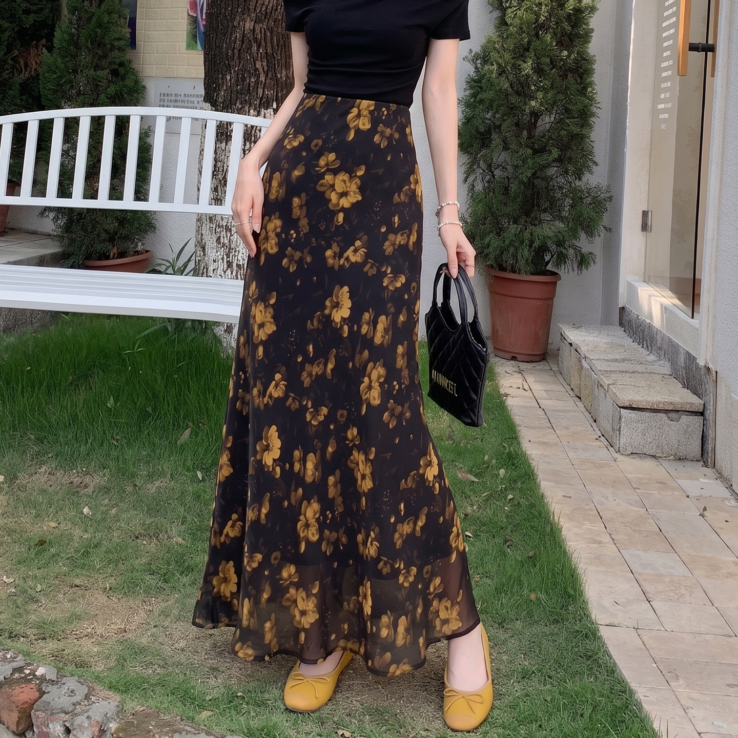 French Vintage Floral High Waist Slimming Mermaid Long Skirt for Women Summer