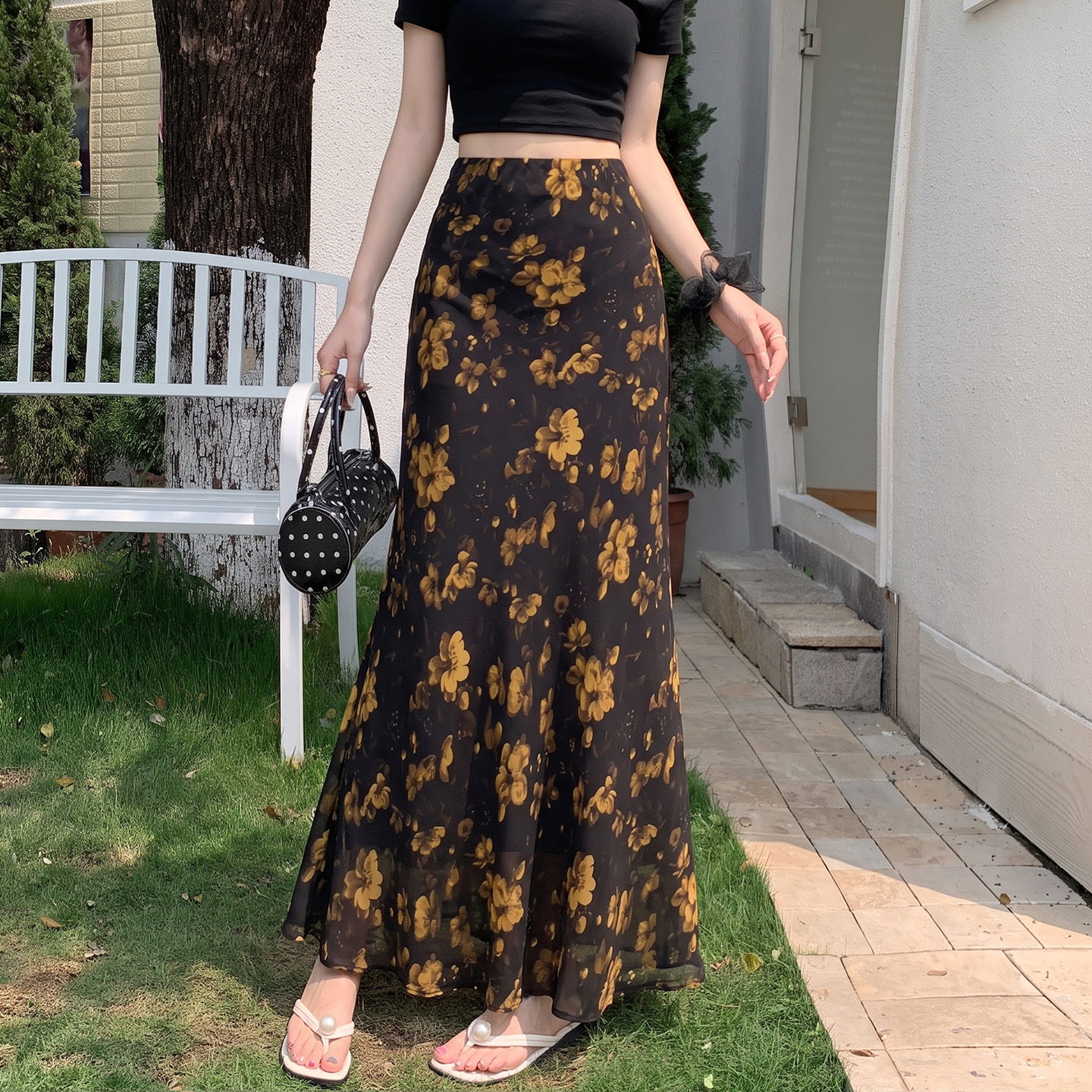 French Vintage Floral High Waist Slimming Mermaid Long Skirt for Women Summer - Image 2
