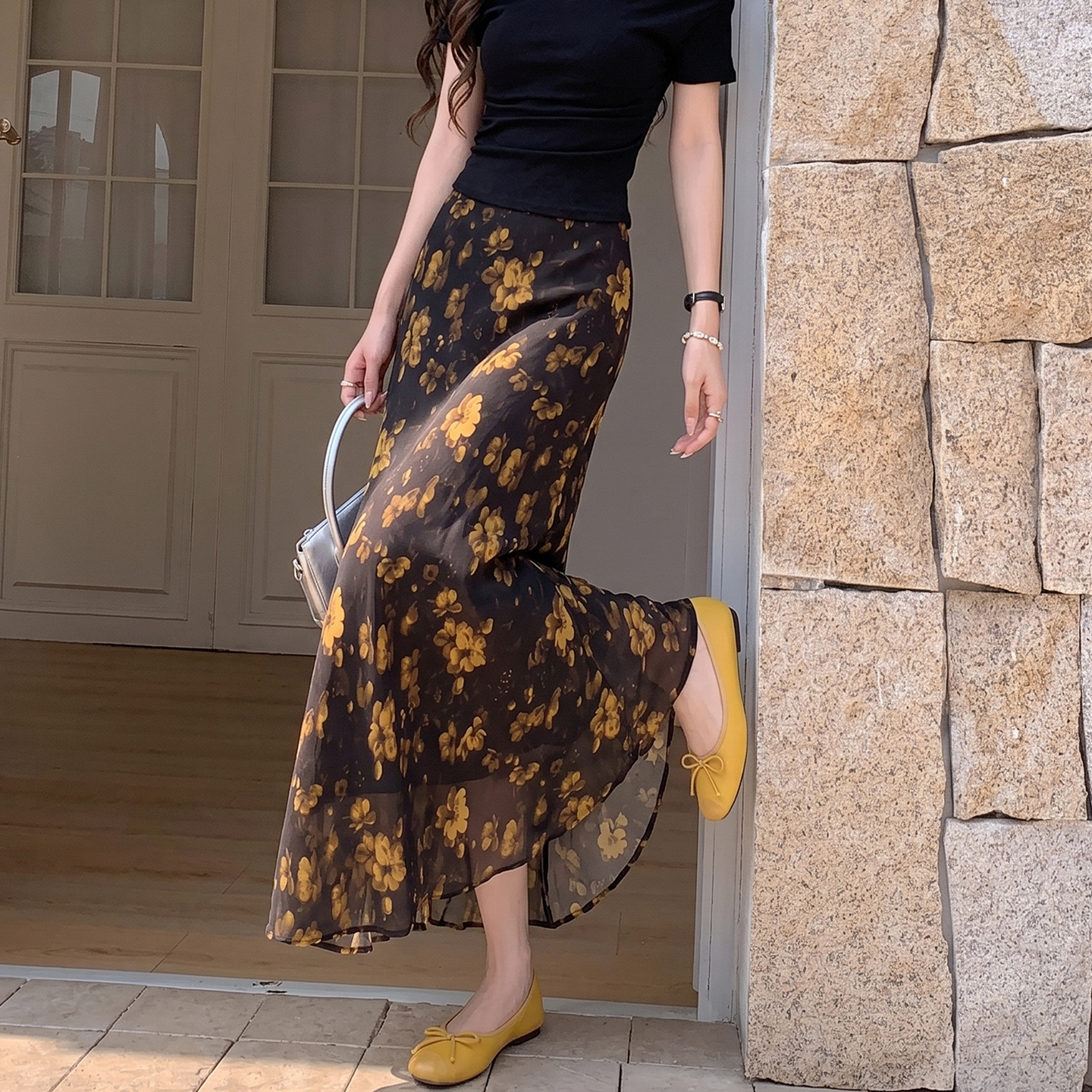 French Vintage Floral High Waist Slimming Mermaid Long Skirt for Women Summer - Image 4