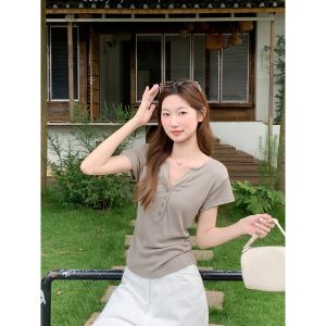 Women's American Retro Half-Open Collar Short Sleeve T-Shirt Summer Slim Fit Top