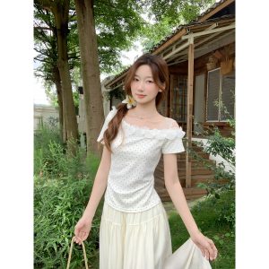 Women's Polka Dot Off-Shoulder Slant Neck Short Sleeve T-Shirt Summer Korean Style Ruched Waist Slimming Top