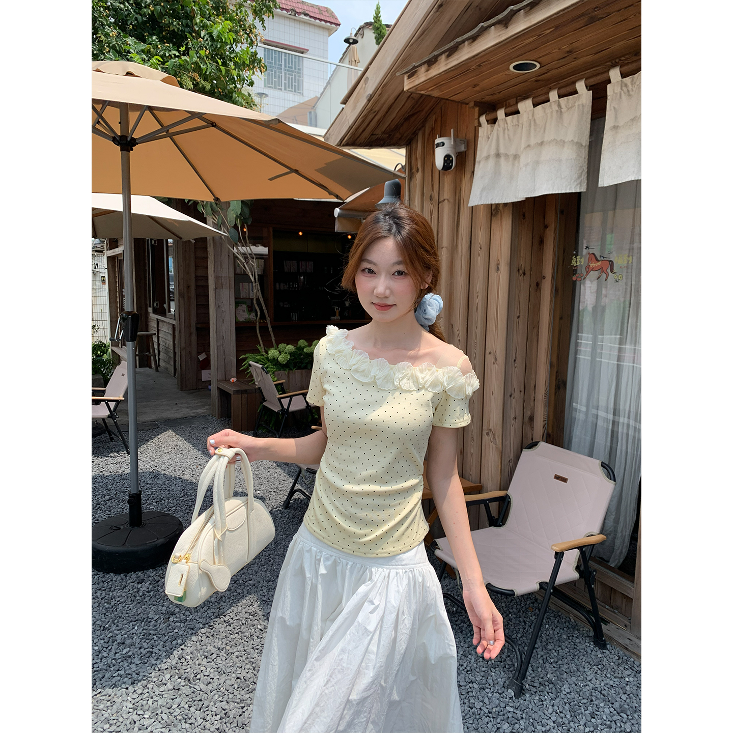 Women's Polka Dot Off-Shoulder Slant Neck Short Sleeve T-Shirt Summer Korean Style Ruched Waist Slimming Top - Image 3