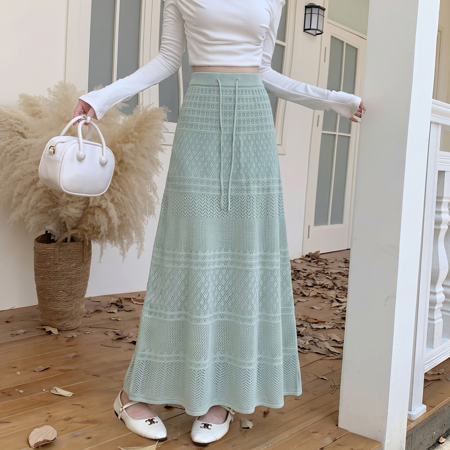 Women's Openwork High Waist Slimming A-Line Knit Long Skirt - Image 2