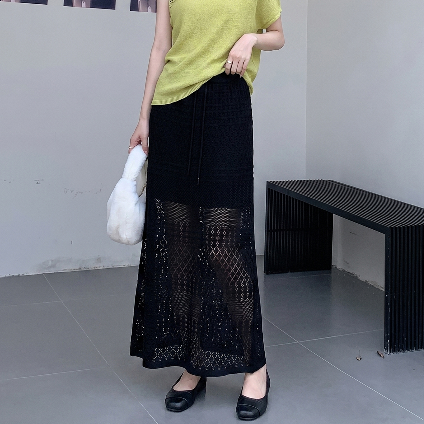 Women's Openwork High Waist Slimming A-Line Knit Long Skirt - Image 3