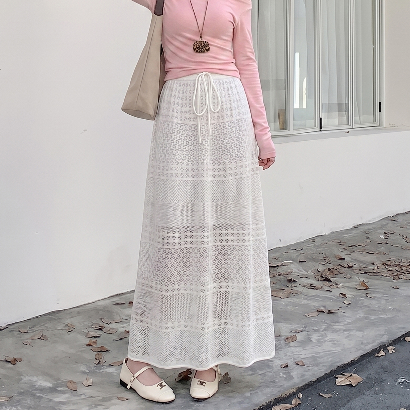 Women's Openwork High Waist Slimming A-Line Knit Long Skirt - Image 4