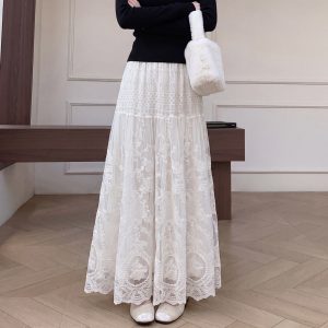 Women's Lace Embroidered Mesh A-Line Long Skirt High Waist Lightweight