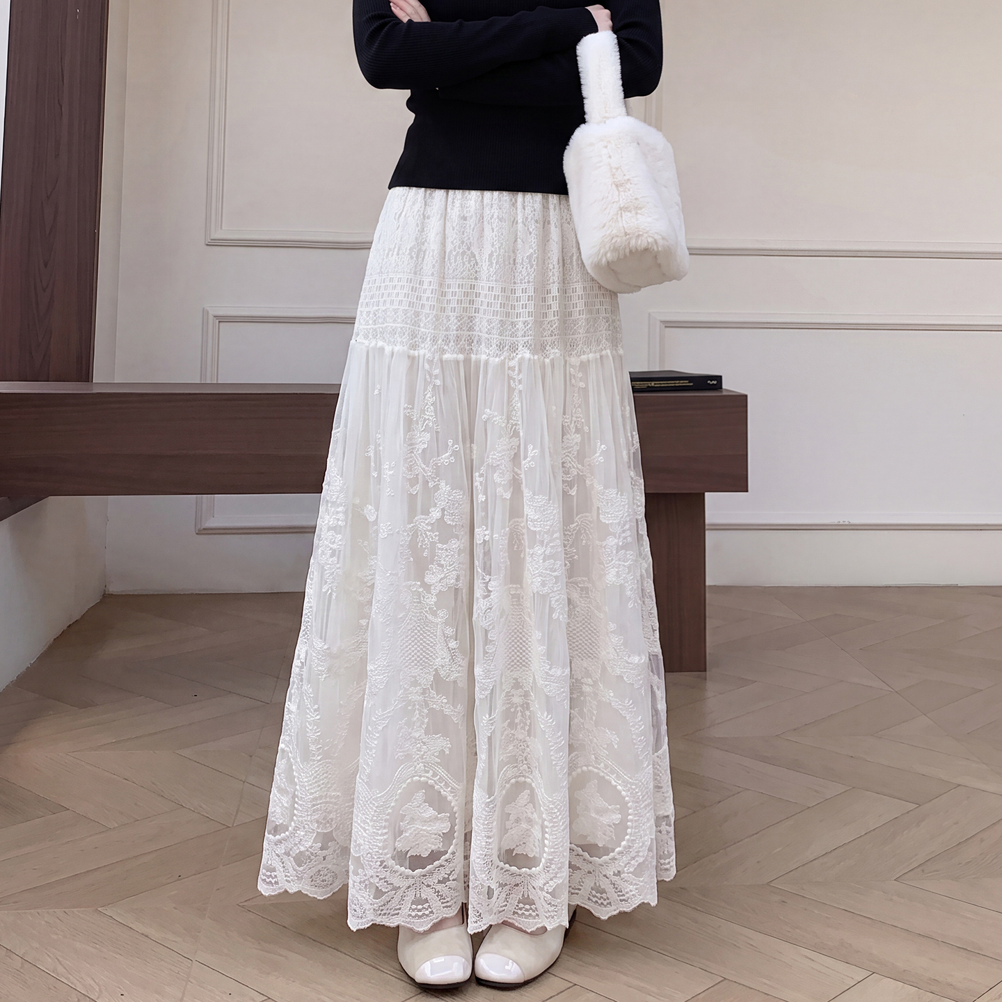 Women's Lace Embroidered Mesh A-Line Long Skirt High Waist Lightweight