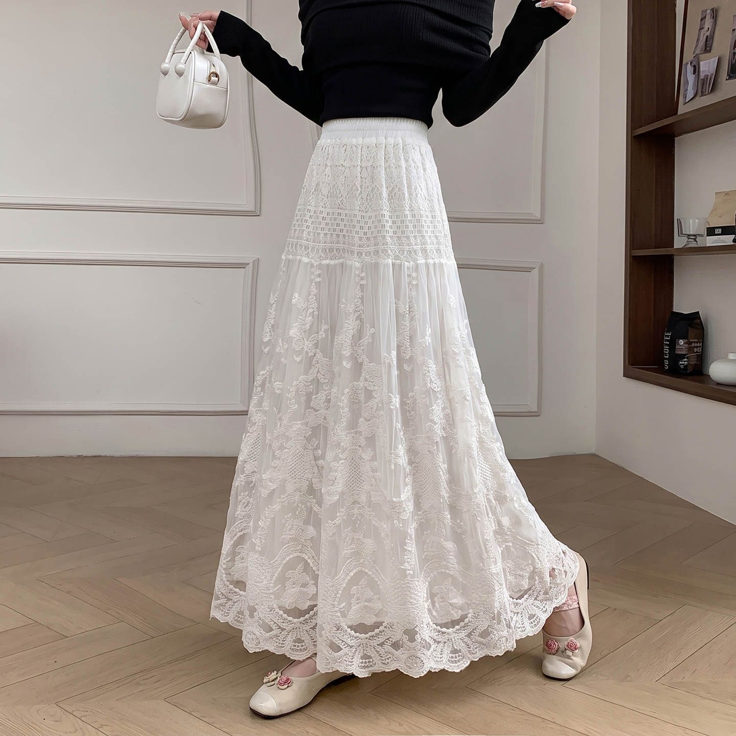 Women's Lace Embroidered Mesh A-Line Long Skirt High Waist Lightweight - Image 2